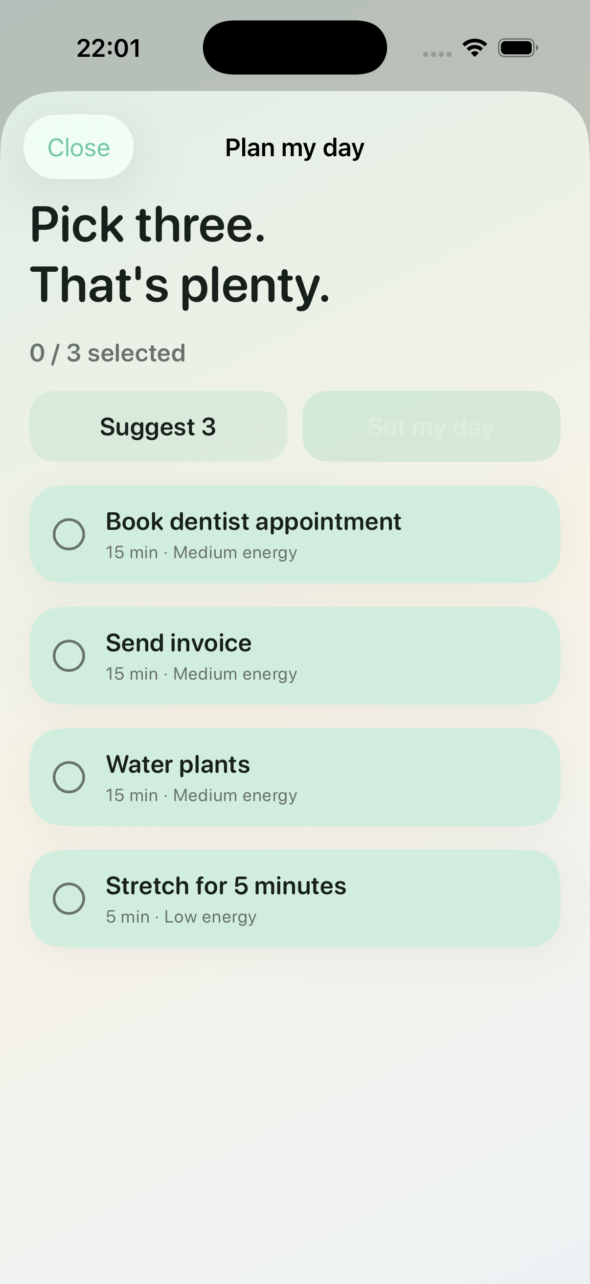 Breezi Day Planning — pick three tasks